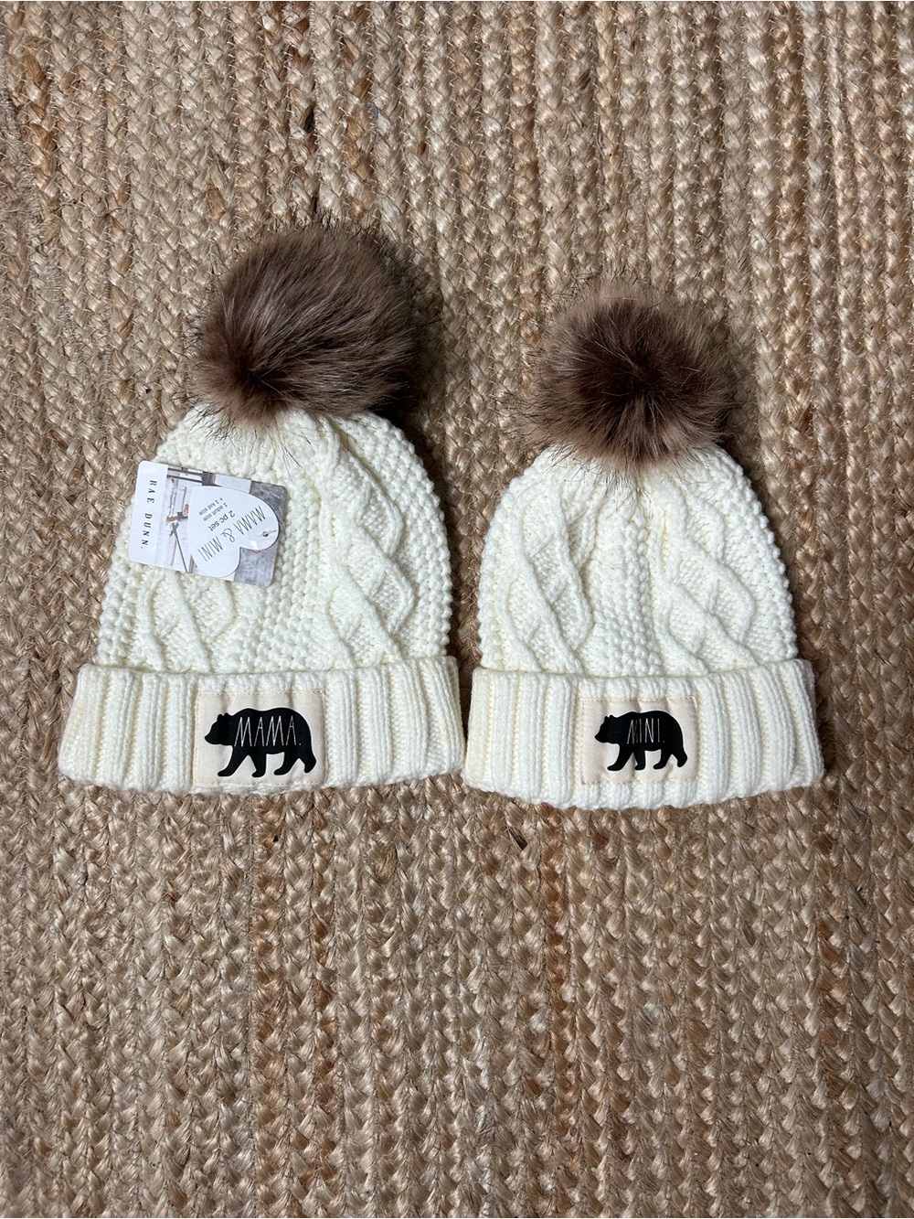 Rae Dunn Cream Cable Knit Mama & Mini Beanie Set with Brown Faux Fur Poms